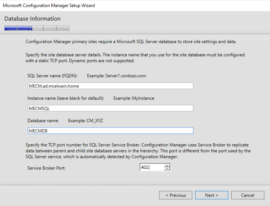 Database Information for Config Manager Setup Wizard